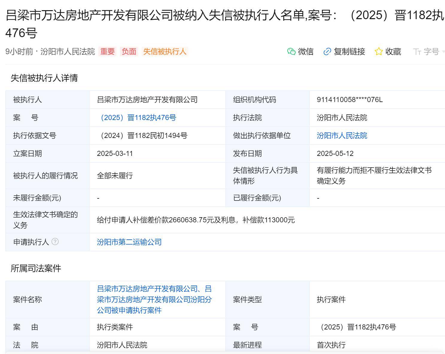 277万债务拒还！吕梁万达房产被列为“失信人”，农发行持股65%
